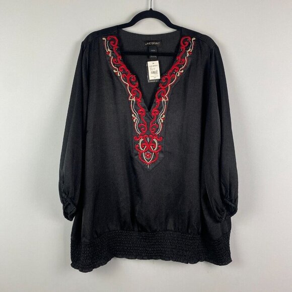 Lane Bryant Blouse Sz 22/24 Popover Embellished 3/4 Balloon Sleeve Elastic Waist - Picture 1 of 10
